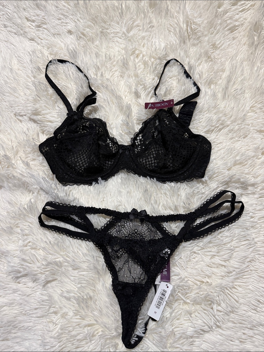 Adore Me Black Lace Underwire Bra & Strappy Thong Set